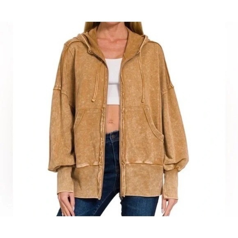 ZENANA NWOT Acid Washed Full Zip Hoodie Jacket S/M Camel Oversized